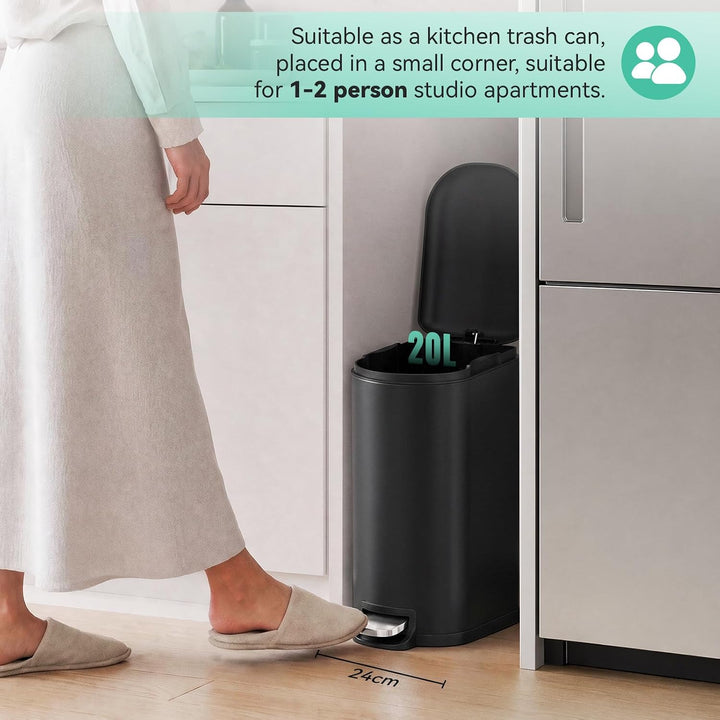 Clevich schmaler 20L rechteckiger Metall-Mülleimer, Softclose, Schwarz | Treteimer,herausnehmbarer I