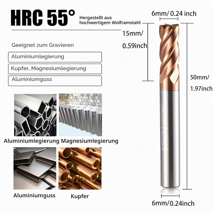 6mm CED Fräser Schaftfräser Hartmetall 4-Flöte, 2 Stücke TiSiN Coat Spiralfräser Bit VHM CNC Bohrauf
