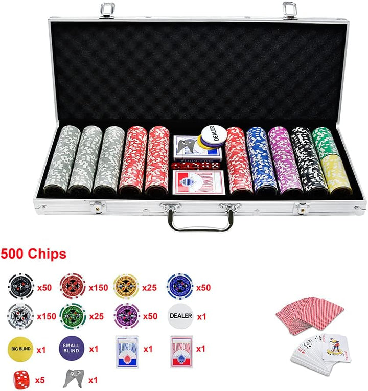 Pokerset 500 Chips Pokerkoffer Set Pokerspiel inkl. Pokerkoffer Pokerdecks Dealer Button Würfel, Pok