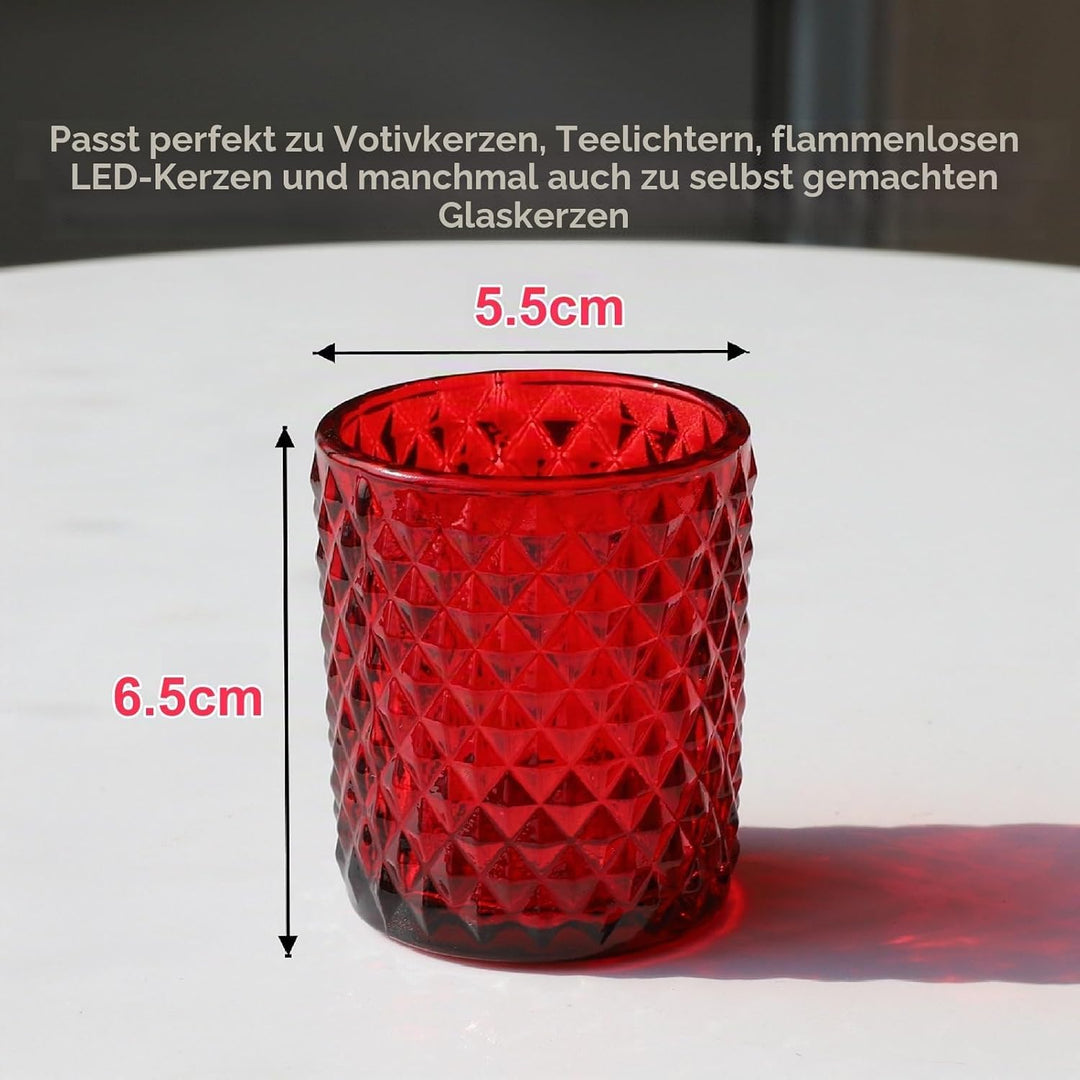 Rote Teelichter Gläser mit 12, Teelichthalter Glas für Tischdekorationen bei Hochzeiten, Rautenmuste