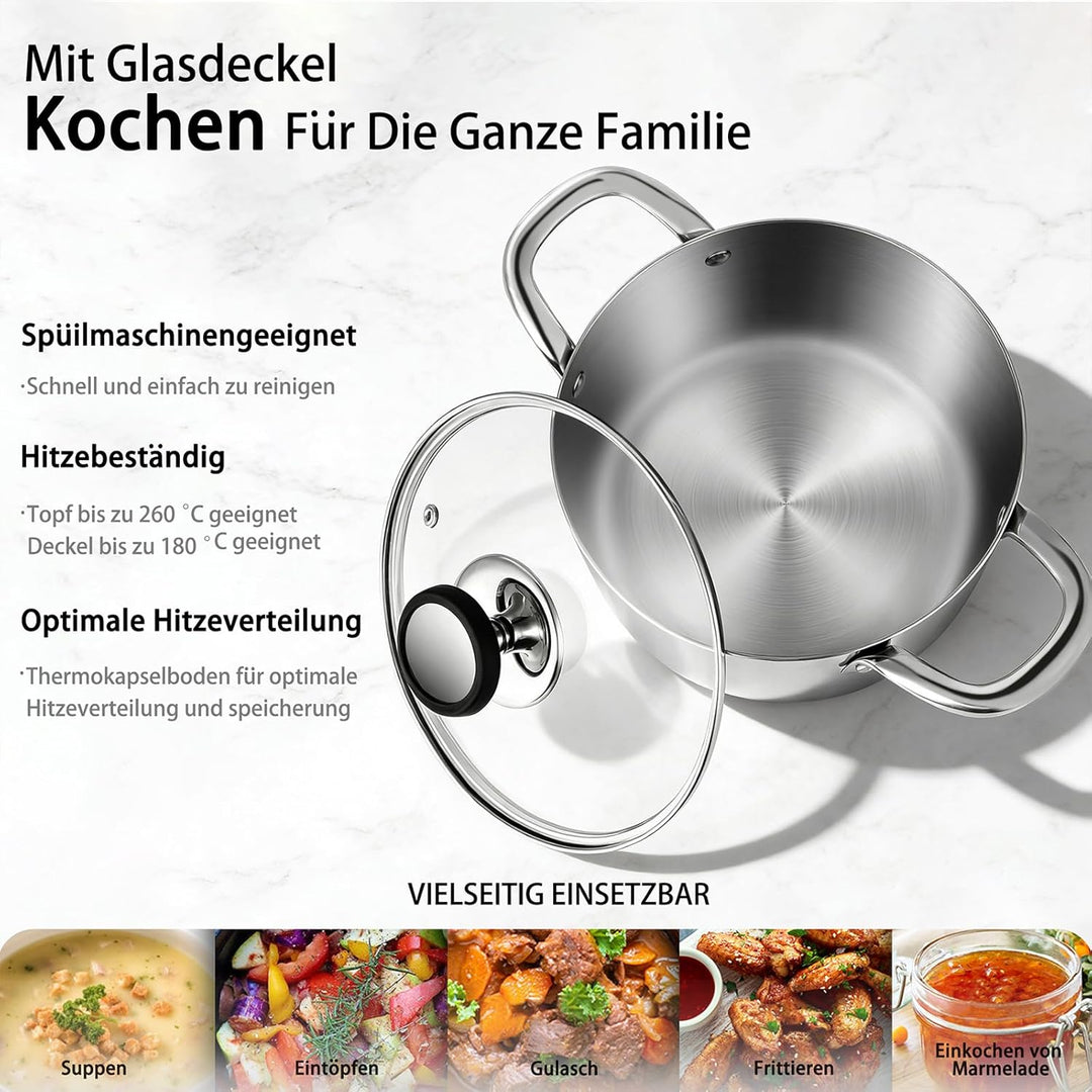 Estmoon Kochtopf 20 cm 3,6L, Edelstahltopf mit Glasdeckel, für alle Herdarten geeignet, auch Indukti