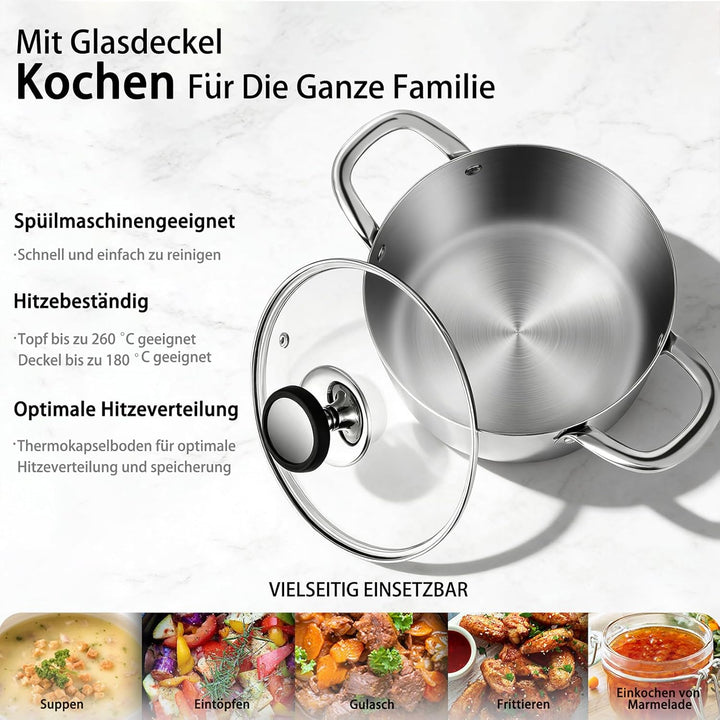 Estmoon Kochtopf 20 cm 3,6L, Edelstahltopf mit Glasdeckel, für alle Herdarten geeignet, auch Indukti
