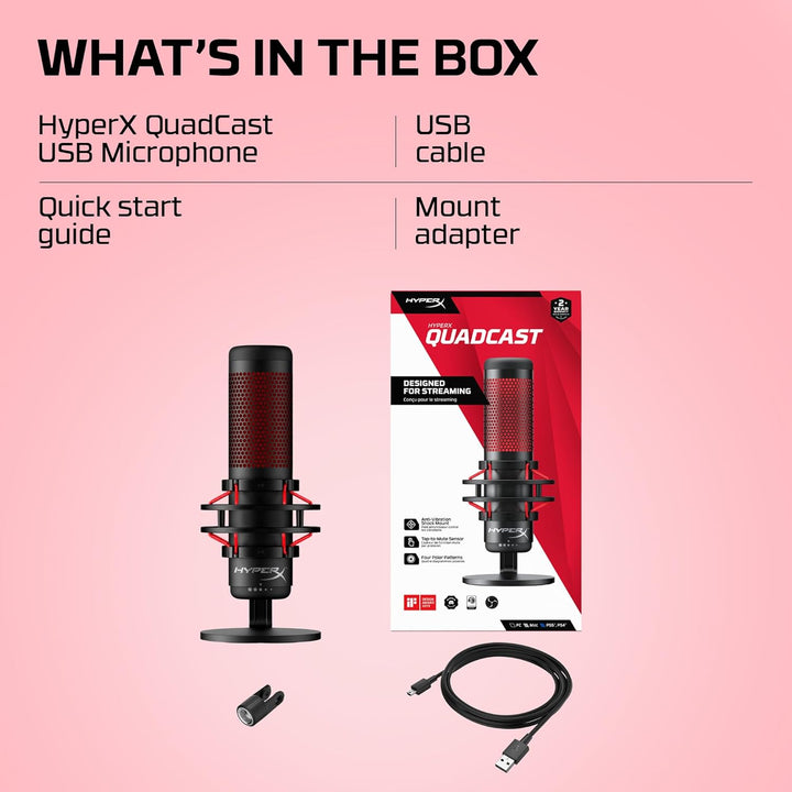 HyperX QuadCast – Standalone USB Mikrofon mit umfangreichen Funktionen für Streamer Gamer, Schwarz Q