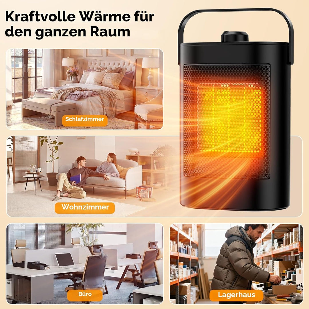 Heizlüfter Energiesparend,1500W PTC Keramik Heizung Elektrisch,3-Stufen-Modus, Überhitzungs- & Kipps