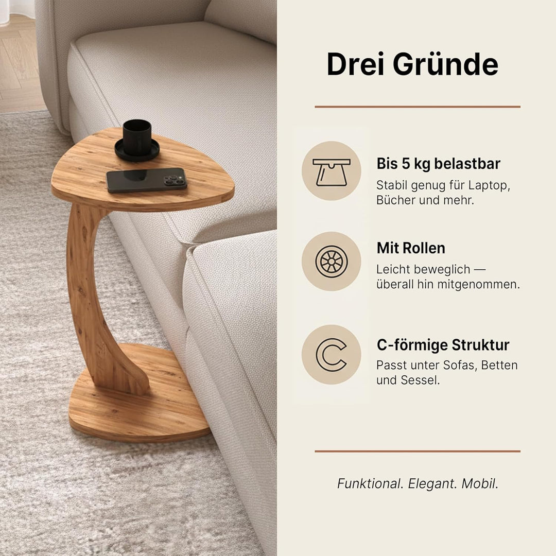 Beistelltisch C-Form Reuleaux-Dreieck, Oak, Sofatisch mit Rollen, Couchtisch, Laptoptisch Couch, 56