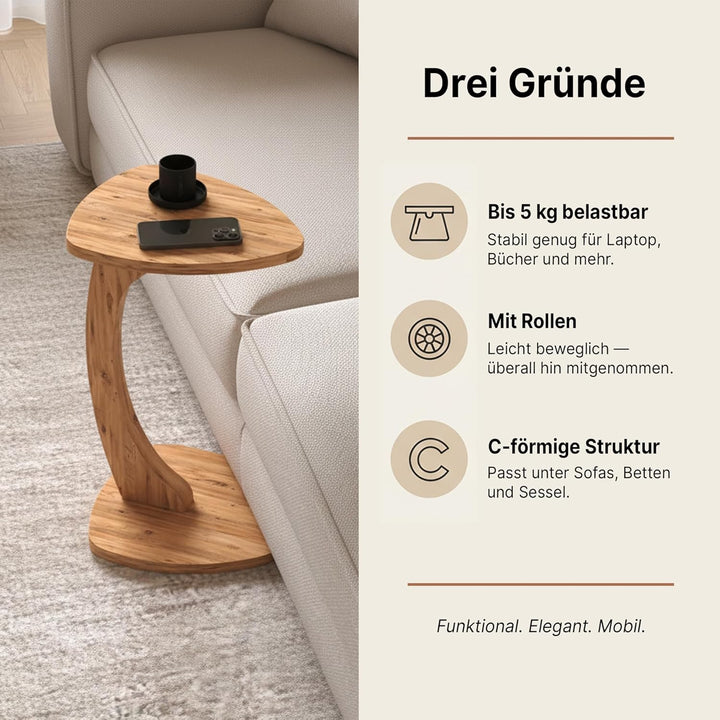 Beistelltisch C-Form Reuleaux-Dreieck, Oak, Sofatisch mit Rollen, Couchtisch, Laptoptisch Couch, 56