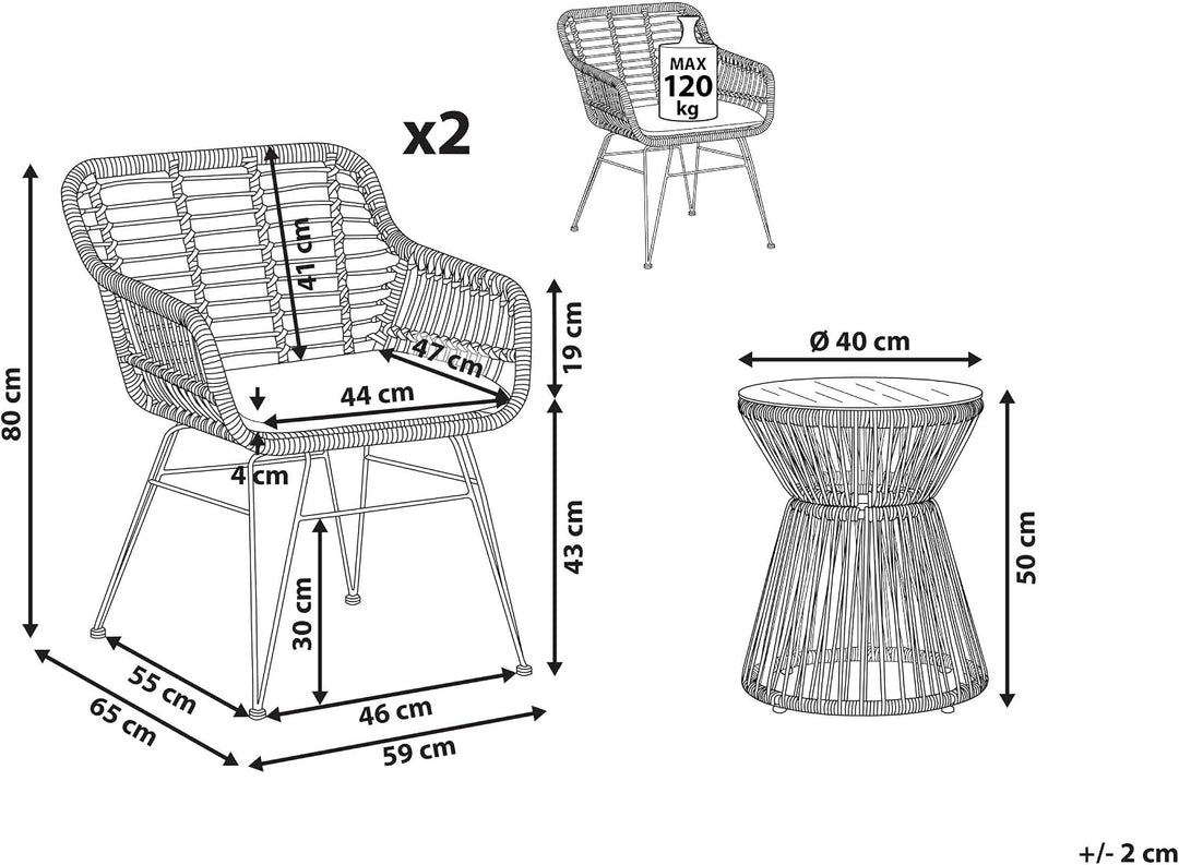 Gemütliches Balkonset Rattan/Stahl 2 Stühle 1 Tisch hellgraue Auflagen Trestina