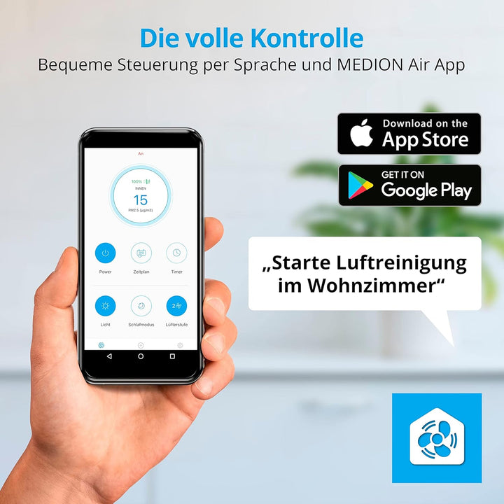 MEDION Luftreiniger mit App Steuerung (HEPA Filter, Smart, reduziert Aerosole Pollen Staub Tierhaare