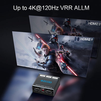 4K 120Hz HDMI 2.1 Splitter 8K 60Hz 1 in2 Out VRR ALLM HDCP2.3 HDR10 8KUHD Dolby Vision Atmos Scaler