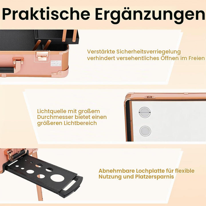 Kosmetikkoffer Trolley Schminkkoffer mit Beleuchtung &amp; Spiegel, Make up Koffer mit verstellbare Bein