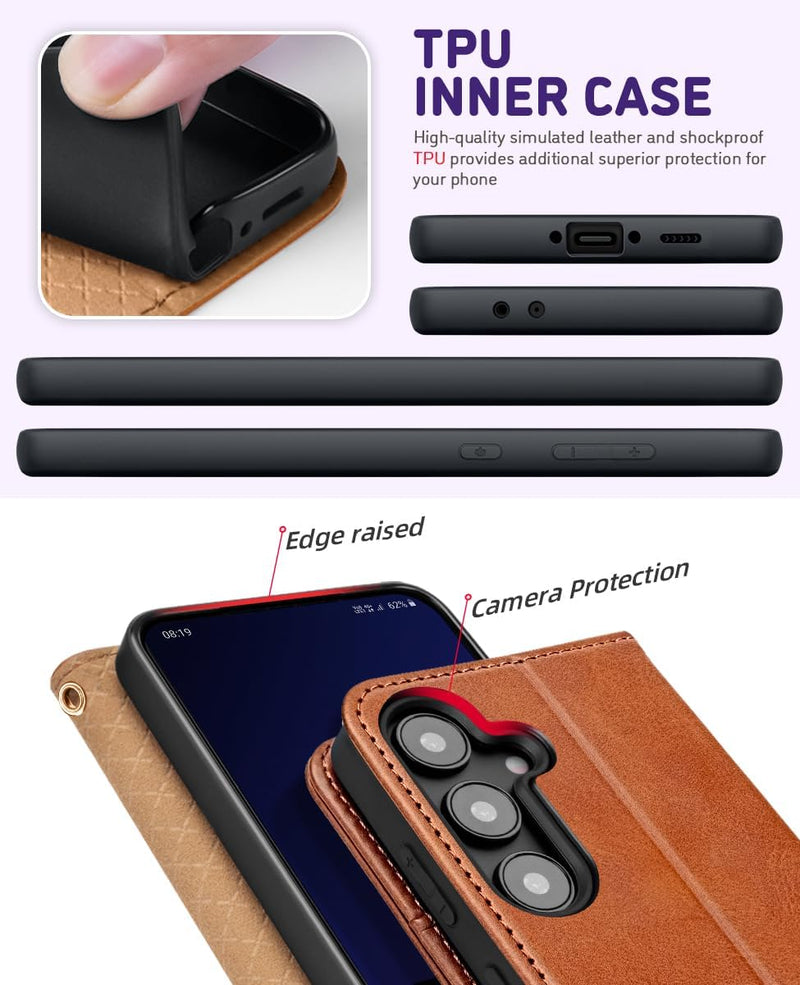 OCASE Galaxy S24 FE Hülle mit Handykette, Band Längenverstellbar, Handyhülle zum Umhängen, Lederhüll
