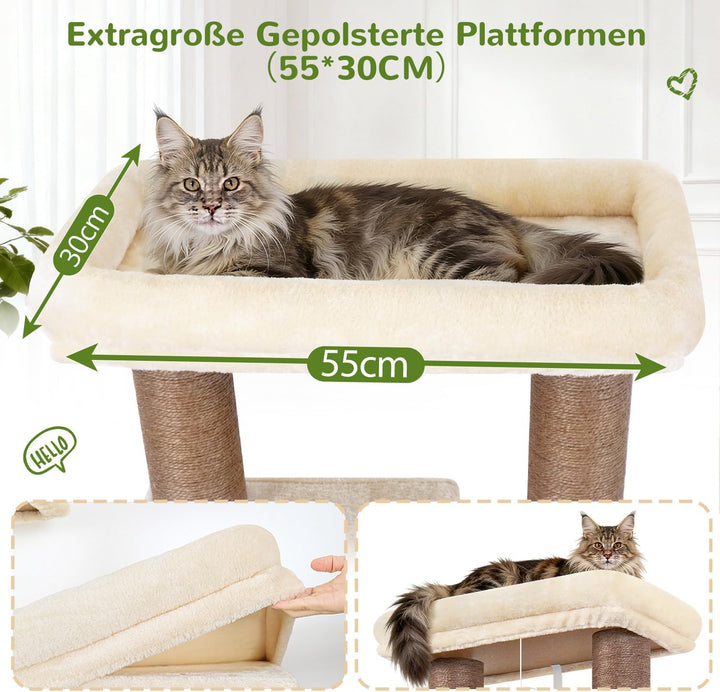 Globlazer Beige Kratzbaum Dicke Stämme 11CM für Grosse Katzen mit 2 Extragross Katzenhaus 50*35*30cm