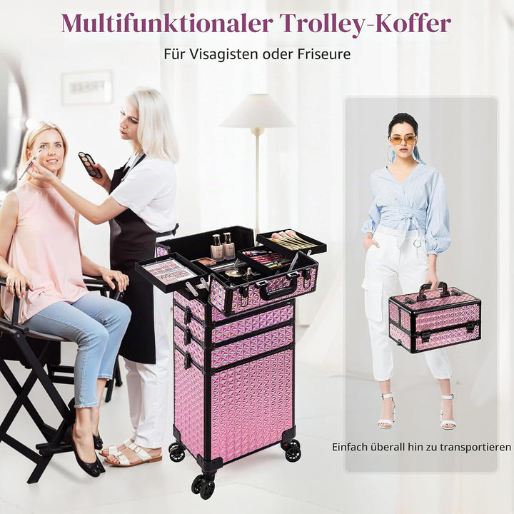 Arous 5-in-1 Profi-Kosmetikkoffer, Aluminium, mit 360° drehbaren Rädern Rosa, Rosa
