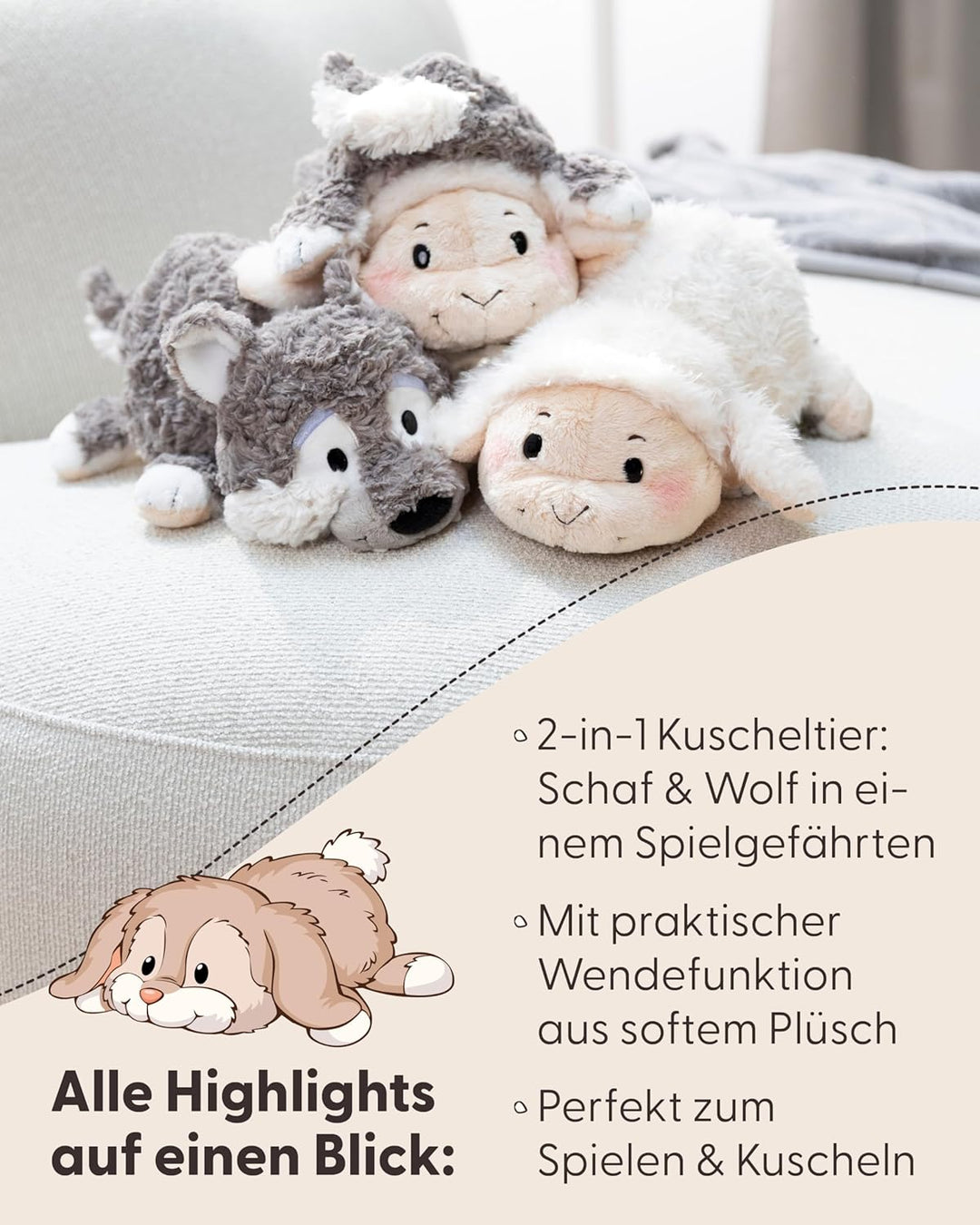 Kuscheltier Schaf & Wolf 25cm mit Wendefunktion 2in1 - beige - Stofftier aus weichem Plüsch, niedlic