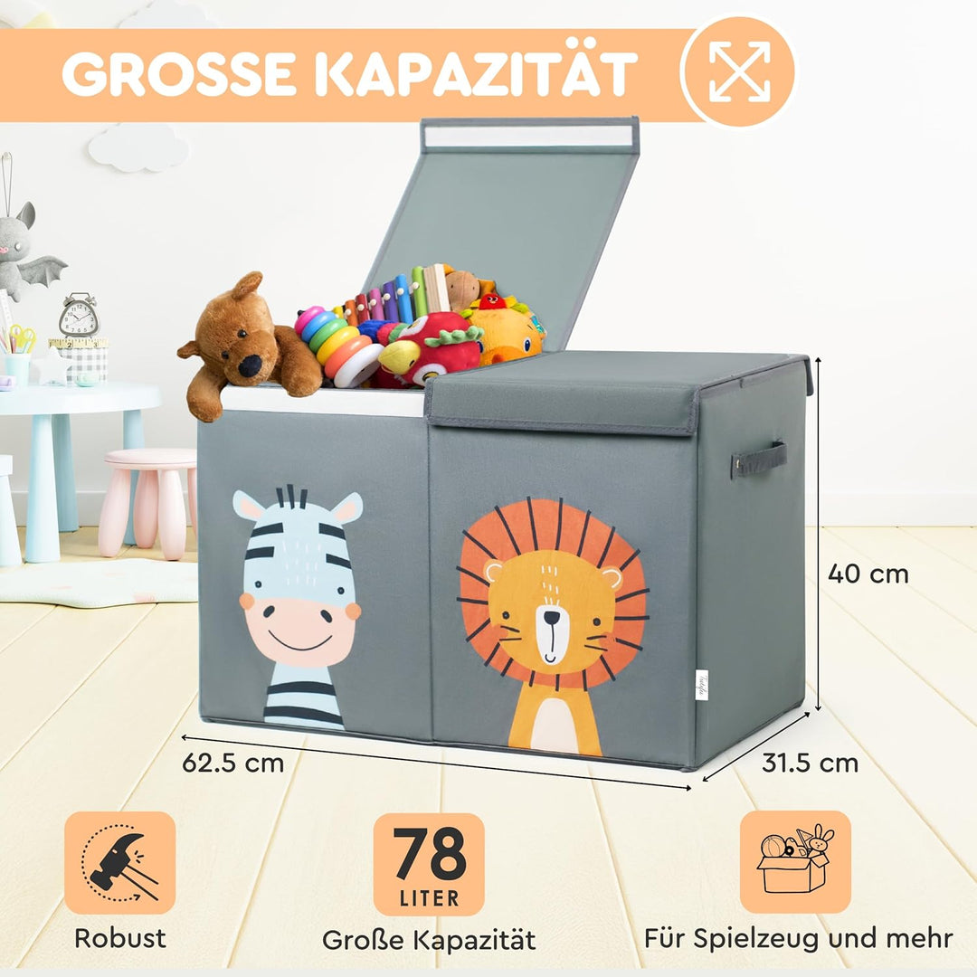 Faltbare Spielzeugkiste Grau mit Deckel und 78 Liter Inhalt. Verbesserte Version. Aufbewahrungsbox K