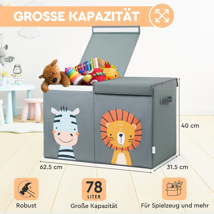 Faltbare Spielzeugkiste Grau mit Deckel und 78 Liter Inhalt. Verbesserte Version. Aufbewahrungsbox K