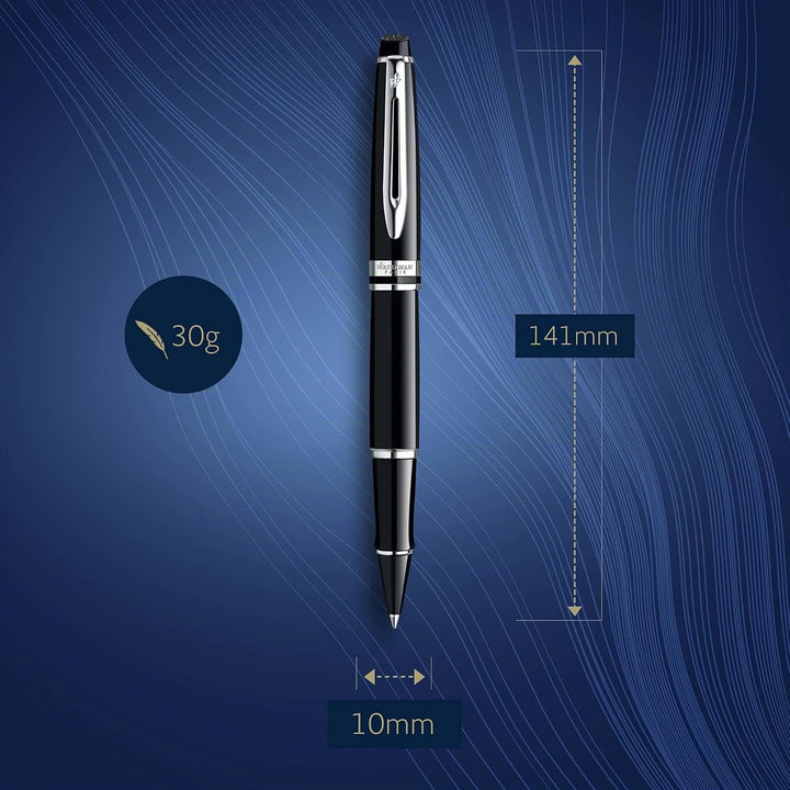 Waterman Expert Tintenroller | Hochglänzend Schwarz mit Chromzierteile| feine Spitze | Schwarz | Ges