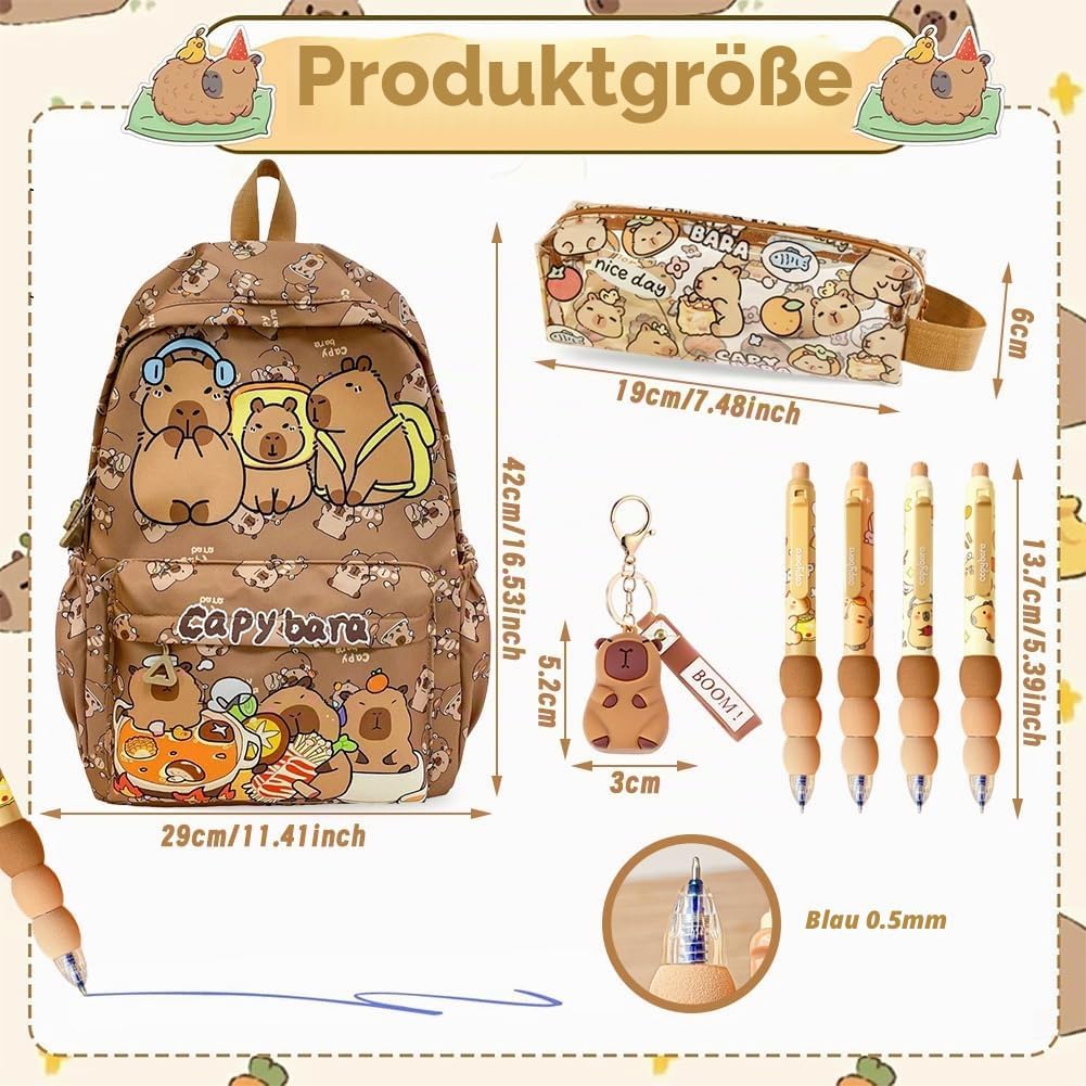 Capybara Rucksack Set, Schulrucksack Grosse Kapazität mit Capybara Federmäppchen, Stiften & Schlüsse