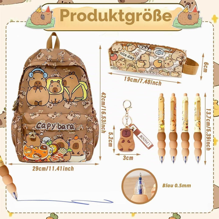 Capybara Rucksack Set, Schulrucksack Grosse Kapazität mit Capybara Federmäppchen, Stiften & Schlüsse