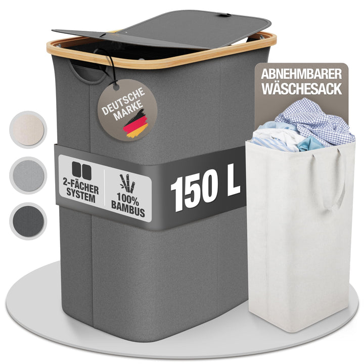 Wäschekorb mit 2 Deckel 2 Fächer 150 Liter Bambus-Stoff Grau Gross XXL - Wäschekorb Grau Dunkelgrau