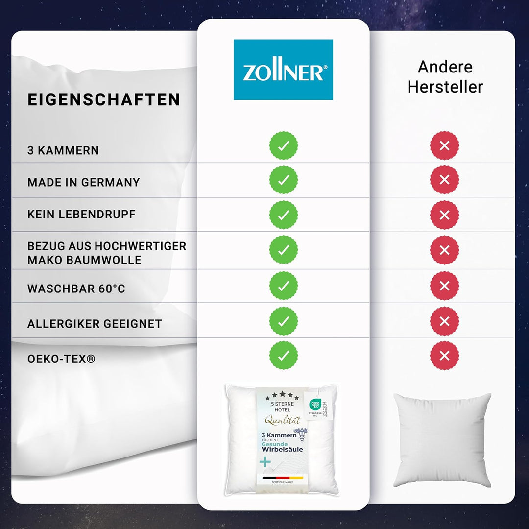 ZOLLNER Premium Kopfkissen aus 90% Daunen und 10% Federn - Made in Germany – für Allergiker geeignet