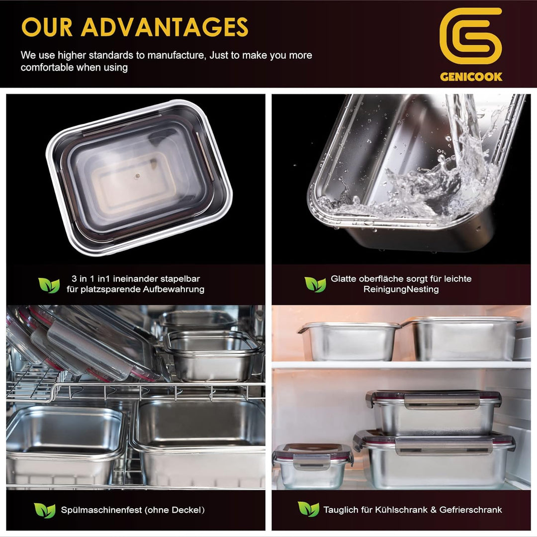 GENICOOK Frischhaltedosen aus Edelstahl /Luchbox mit luftdichtem Deckel 3er Set / Meal Prep Vorratsd