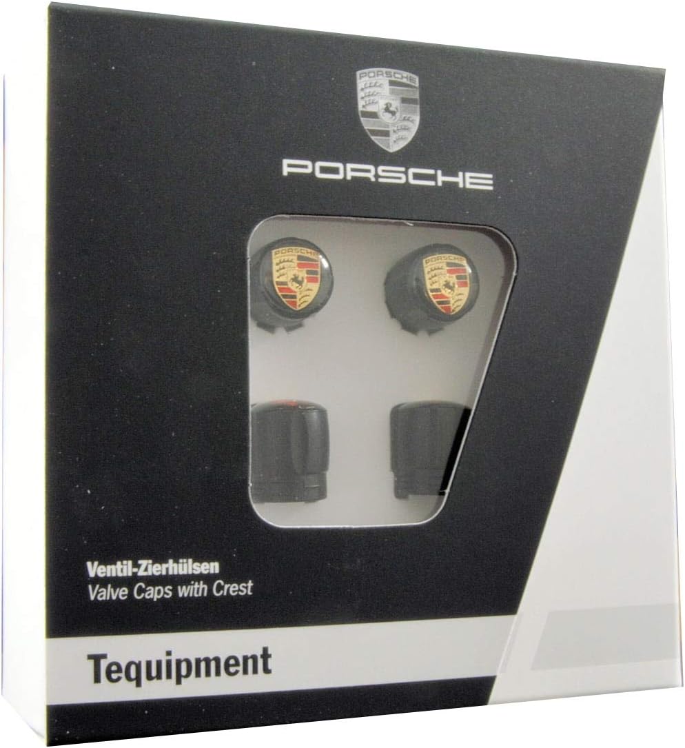 Porsche Ventilkappen Schwarz/Wappen farbig, Satz für RDK Sensoren