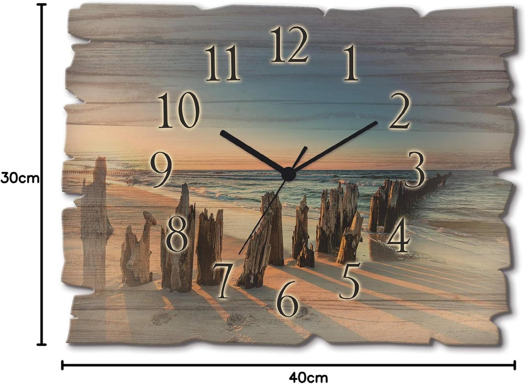 ARTLAND Wanduhr ohne Tickgeräusche aus Holz Funk Uhr lautlos 40x30 cm Rechteckig Strand Meer Ostsee