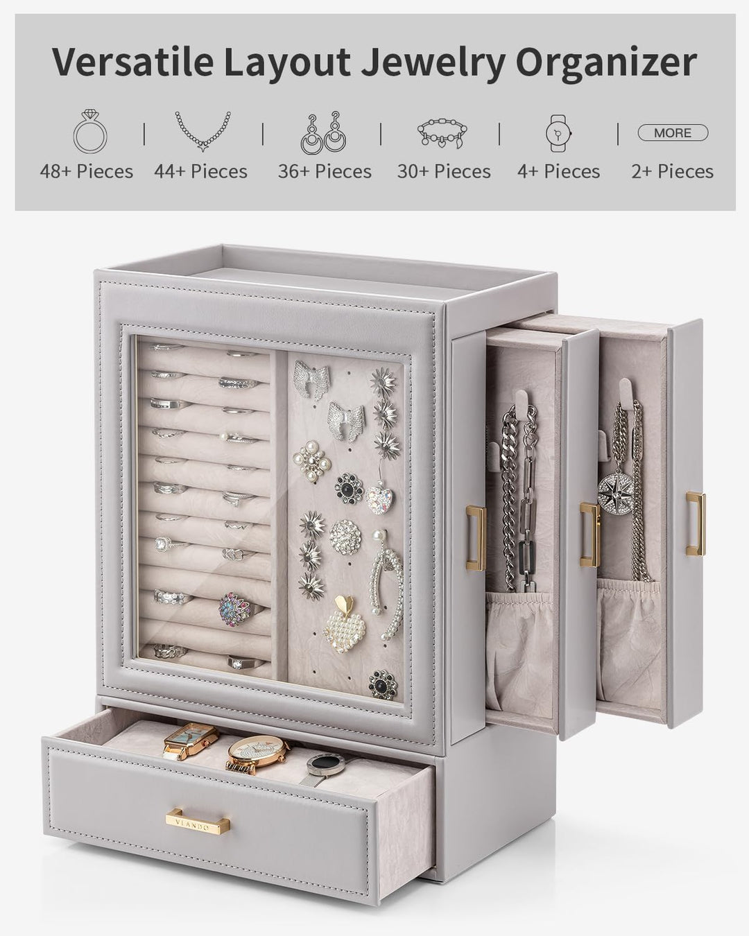 Vlando Schmuckaufbewahrung Schmuckschrank 5 Ebenen, Schmuckkasten mit Glasdeckel, Schmuckkästchen Gr