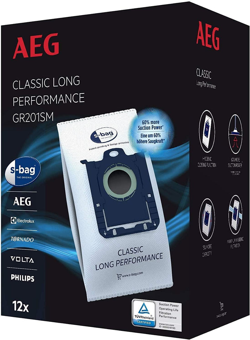 AEG GR201SM s-bag Staubbeutel Classic Long Performance MegaPack / 12 Synthetik Staubsaugerbeutel für