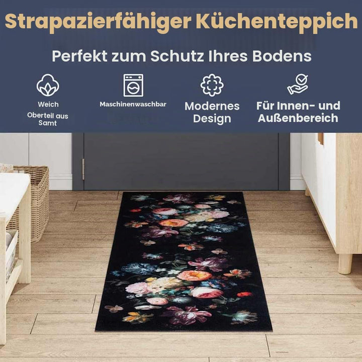 vidaXL Küchenmatte Floral Schwarz 150 x 45 cm Samt, Elegante Küchenmatte, Rechteckig, rutschfeste Un