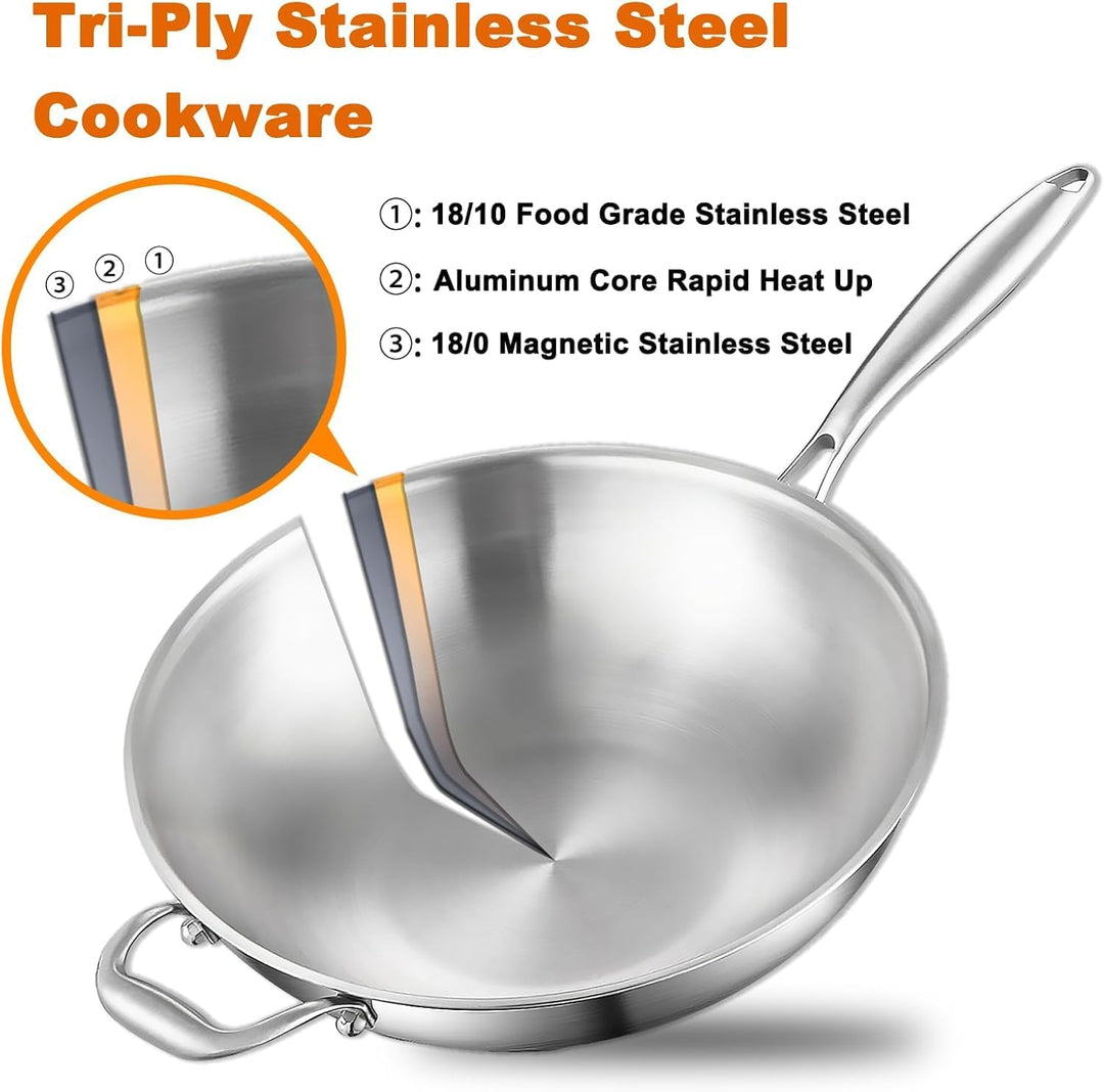 Wokpfanne Unbeschichtet Induktion 30cm: 3-Schichtige Edelstahl Wok,Frei von PFOA,PTFE,mit Deckel und
