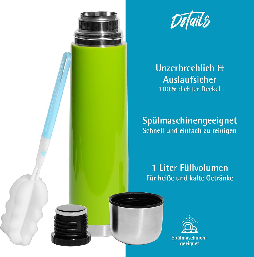 GRÄWE Thermosflasche,1 Liter Edelstahl Trinkflasche, Thermoskanne, Isolierflasche für unterwegs mit