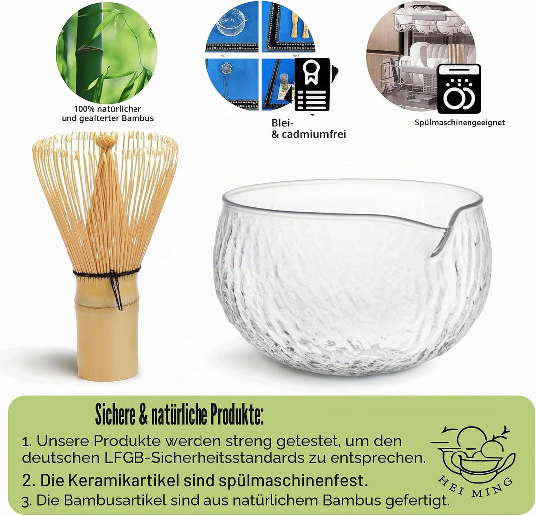 HEI MING Matcha Set hat 8 Teile, Zeremonielles Matcha Tee Set, Glas Matcha Schale und handgemachter