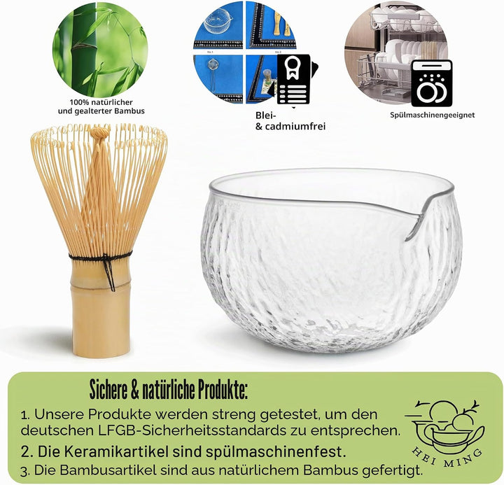 HEI MING Matcha Set hat 8 Teile, Zeremonielles Matcha Tee Set, Glas Matcha Schale und handgemachter
