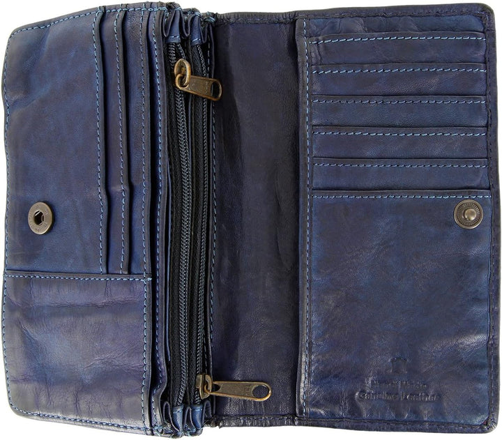 Set Damen Geldbörse, Portemonnaie CL782 gewaschenes Leder Vintage Look (15/9/3 cm) Blau, Blau