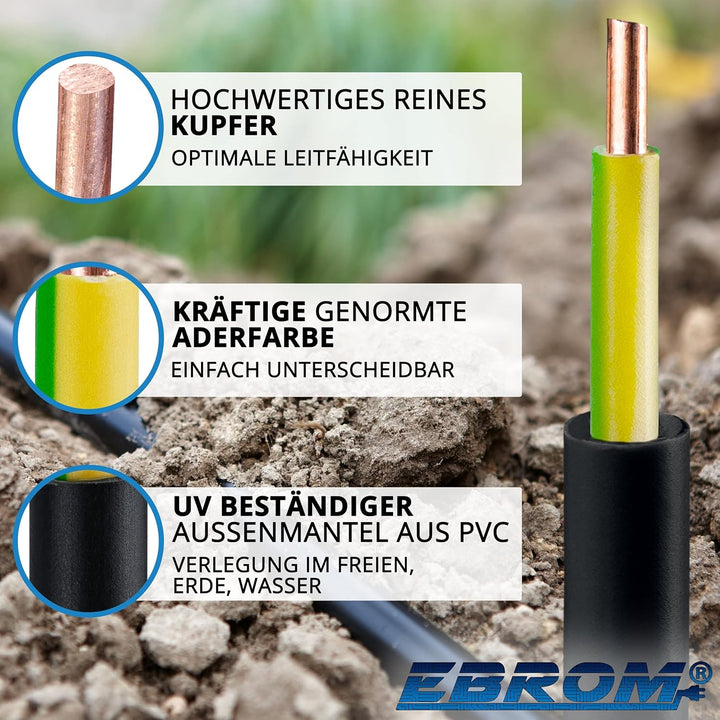 EBROM Erdkabel Blitzschutz NYY-J 1x6 mm² Erdungskabel, schwarz, 50 Meter | 5 m bis 100 m - 1x6 mm2 -