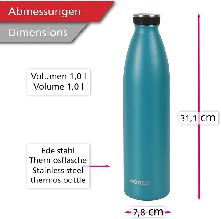 wenco Trinkflasche Edelstahl 1l / 1000ml isoliert und auslaufsicher für kalte und heisse Getränke au