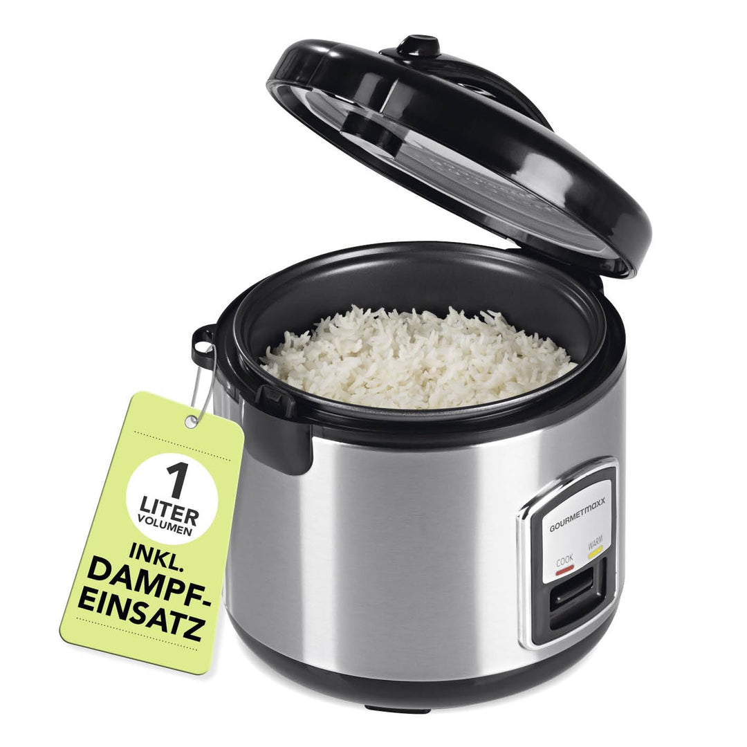 GOURMETmaxx Kompakt-Reiskocher &amp; Dampfgarer, 1L, inkl. Dampfeinsatz, Gartopf, Reislöffel &amp; Messbeche