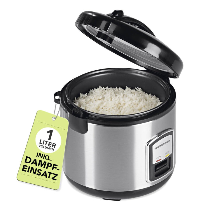 GOURMETmaxx Kompakt-Reiskocher &amp; Dampfgarer, 1L, inkl. Dampfeinsatz, Gartopf, Reislöffel &amp; Messbeche