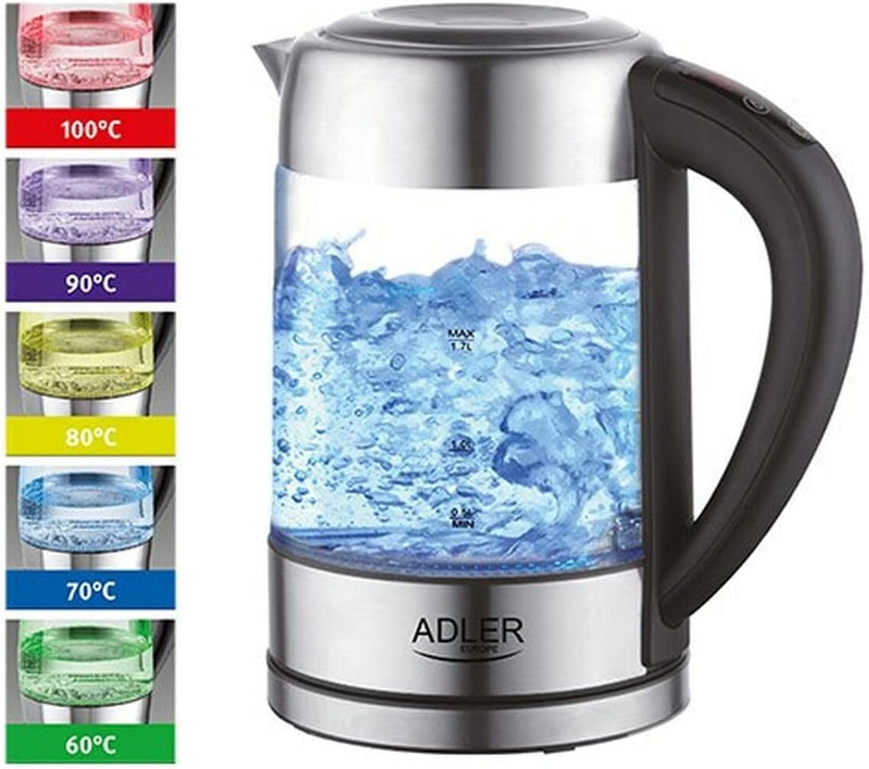 Adler AD 1247 Wasserkocher aus Edelstahl und Glas, 1,7L, 2200 W, digitaler Glaswasserkocher mit Temp