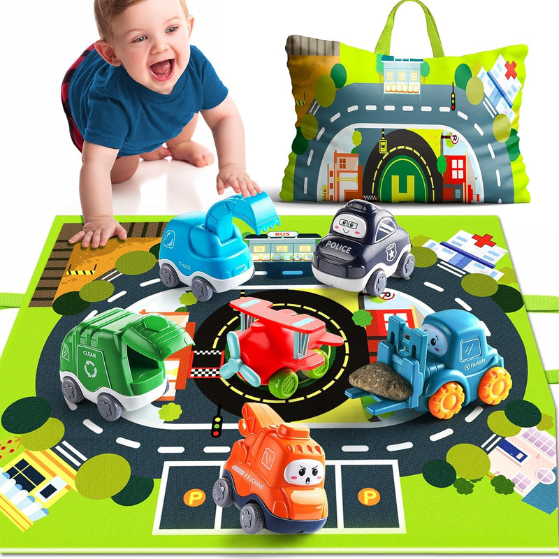 lerrbo 6 PCS Cartoon Lastwagen Auto Spielzeug mit Kräne/Spielmatte/Aufbewahrungstasche|Babyspielzeug