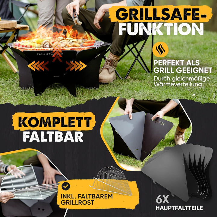EDELFEUER Feuerschale Faltbar + GRATIS Grillrost - Leichter Aufbau - Ø 80cm [Ultra Stabil] Feuerkorb