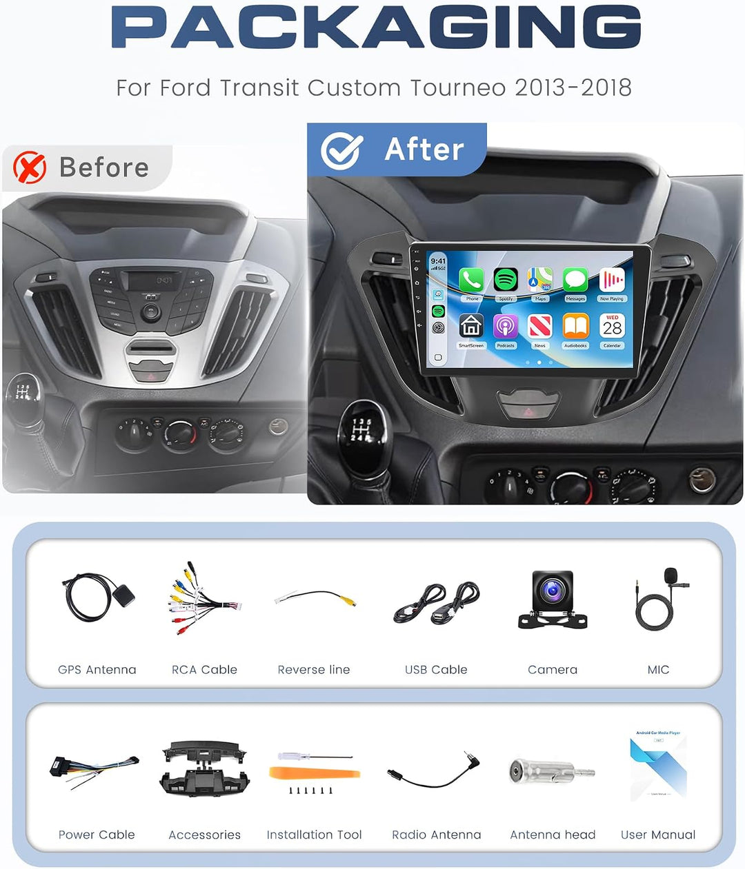 8 Kerne 6+128G Autoradio Android für Ford Transit Custom Tourneo 2013-2018 9 Zoll Wireless Carplay R