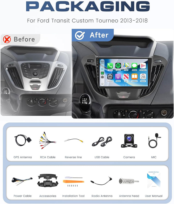 8 Kerne 6+128G Autoradio Android für Ford Transit Custom Tourneo 2013-2018 9 Zoll Wireless Carplay R