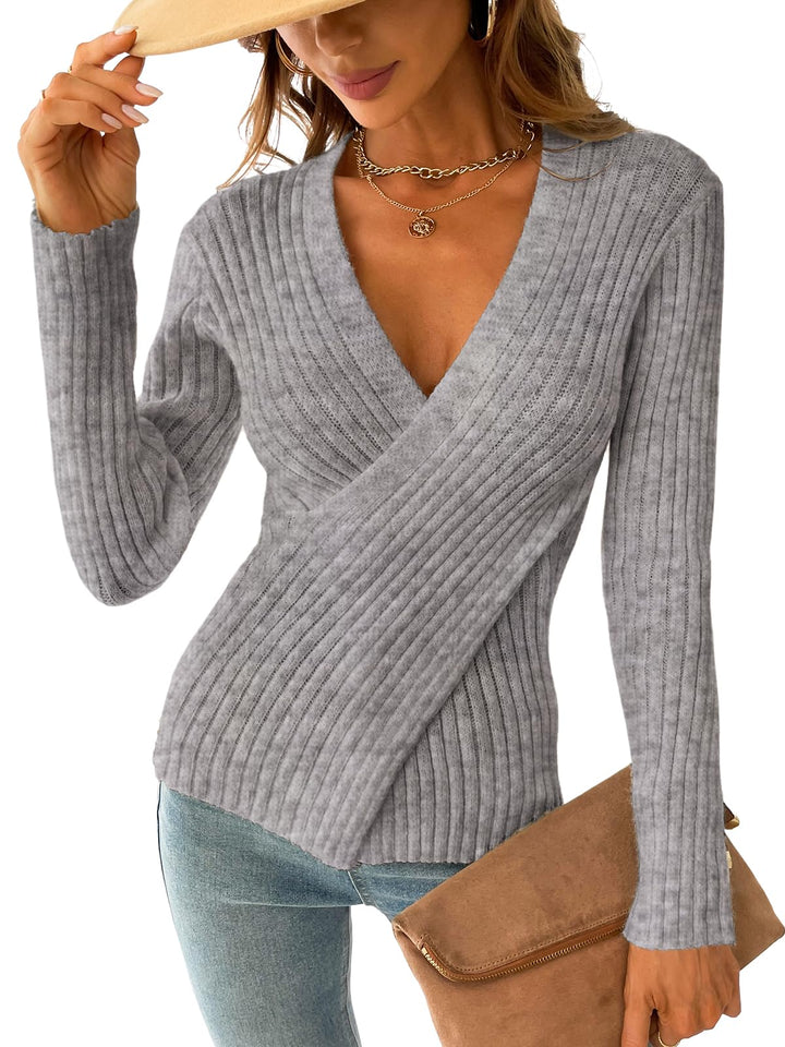 CUPSHE Damen Strickpullover V Ausschnitt Wickeloptik Langarm Crossover Feinstrick Pulli Wickeloberte