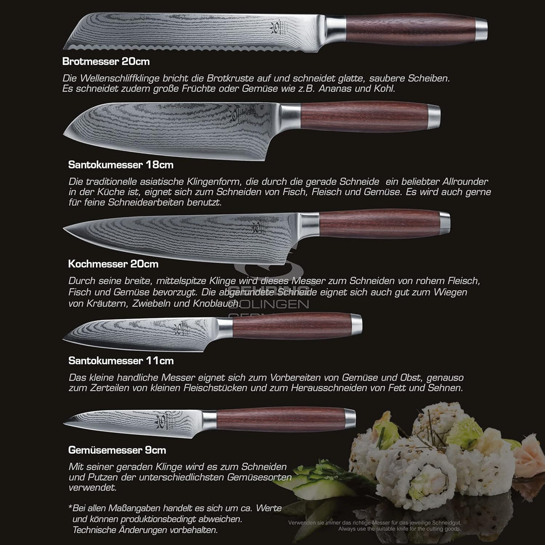 SOLINGEN PREMIUM MYII | Santoku Messer/Damastmesser | Scharfes Profi Küchenmesser, made in Germany,
