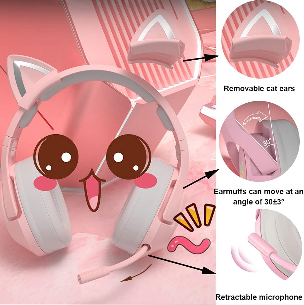 Gaming-Headset Pink, Niedliches Katzenohr-Headset, 7.1-Surround-Sound-Gaming-Headset Mit Einstellbar