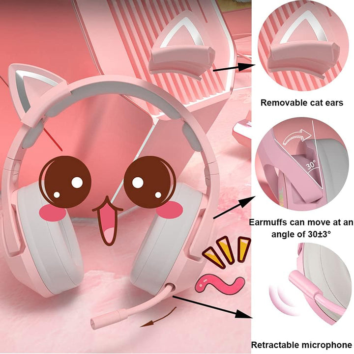 Gaming-Headset Pink, Niedliches Katzenohr-Headset, 7.1-Surround-Sound-Gaming-Headset Mit Einstellbar