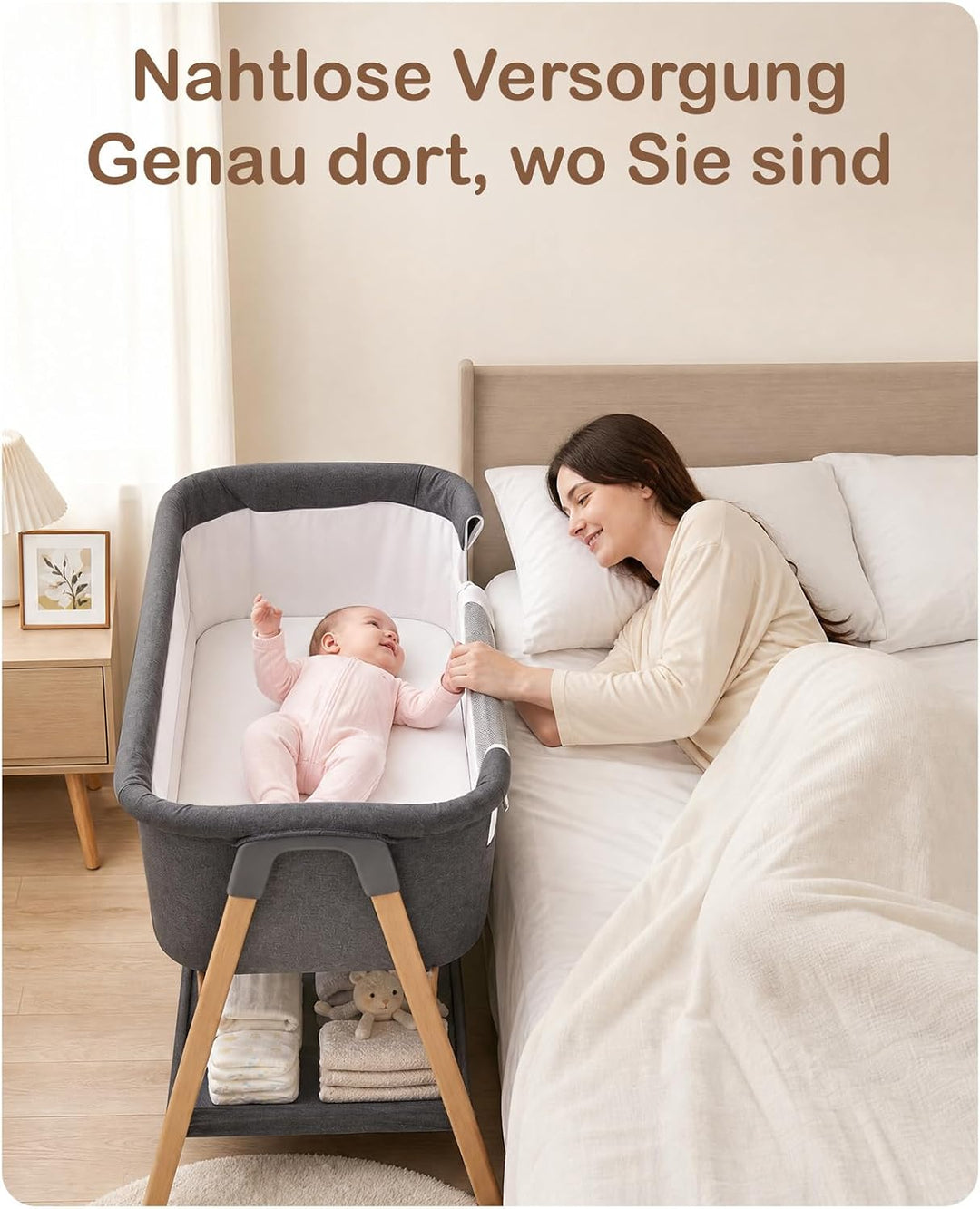 UBRAVOO Beistellbett Baby 2-in-1, Babybett &amp; Baby Wiege für Neugeborene – mit Aufbewahrungskorb &amp; We